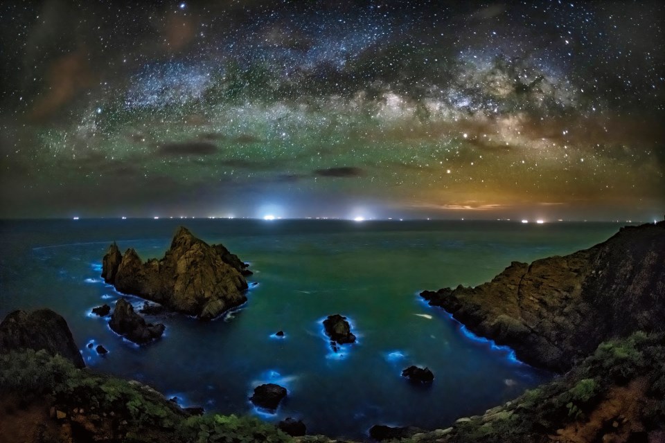 "Cannon-fire green mountains linked to the Milky Way's blue tears" – Photography by Xu Zhao-pang _no